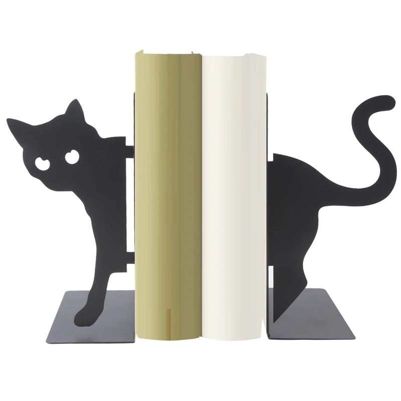 AU67-Design Cat Bookends - Suportes decorativos de metal para livros, revistas, almofadas antiderrapantes, cantos redondos