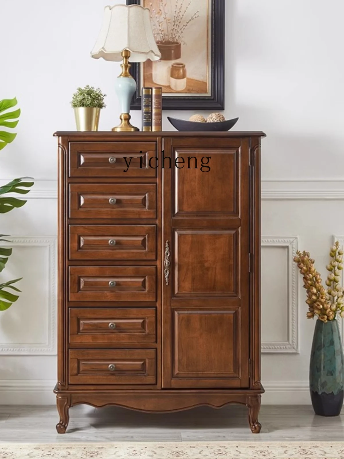 Tqh Solid Wood Chest of Drawers Living Room Wall Locker Vintage Home Entrance Cabinet Household File Cabinet with Door