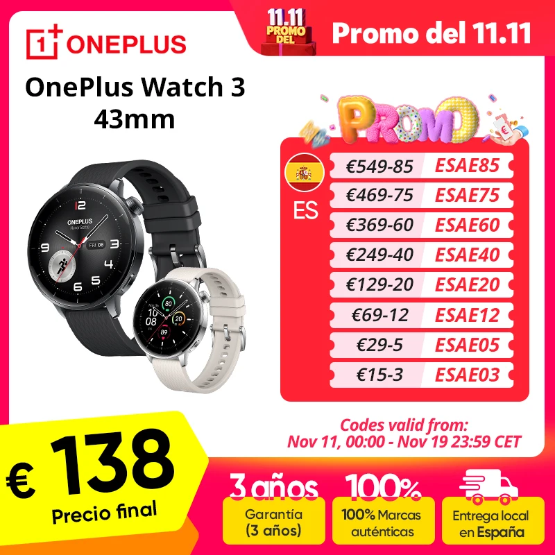 Versión global OnePlus Watch 3 Smartwatch de 43 mm Pantalla AMOLED de 1,32 pulgadas Hasta 60 horas de duración de la batería Wear OS by Google GPS NFC