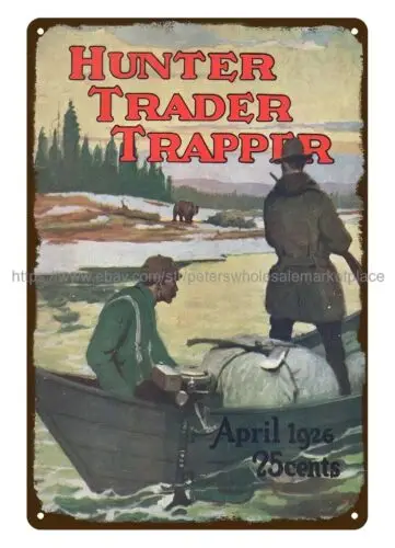 1926 Hunter Trader Trapper Magazine cover hunting boat bear metal tin sign