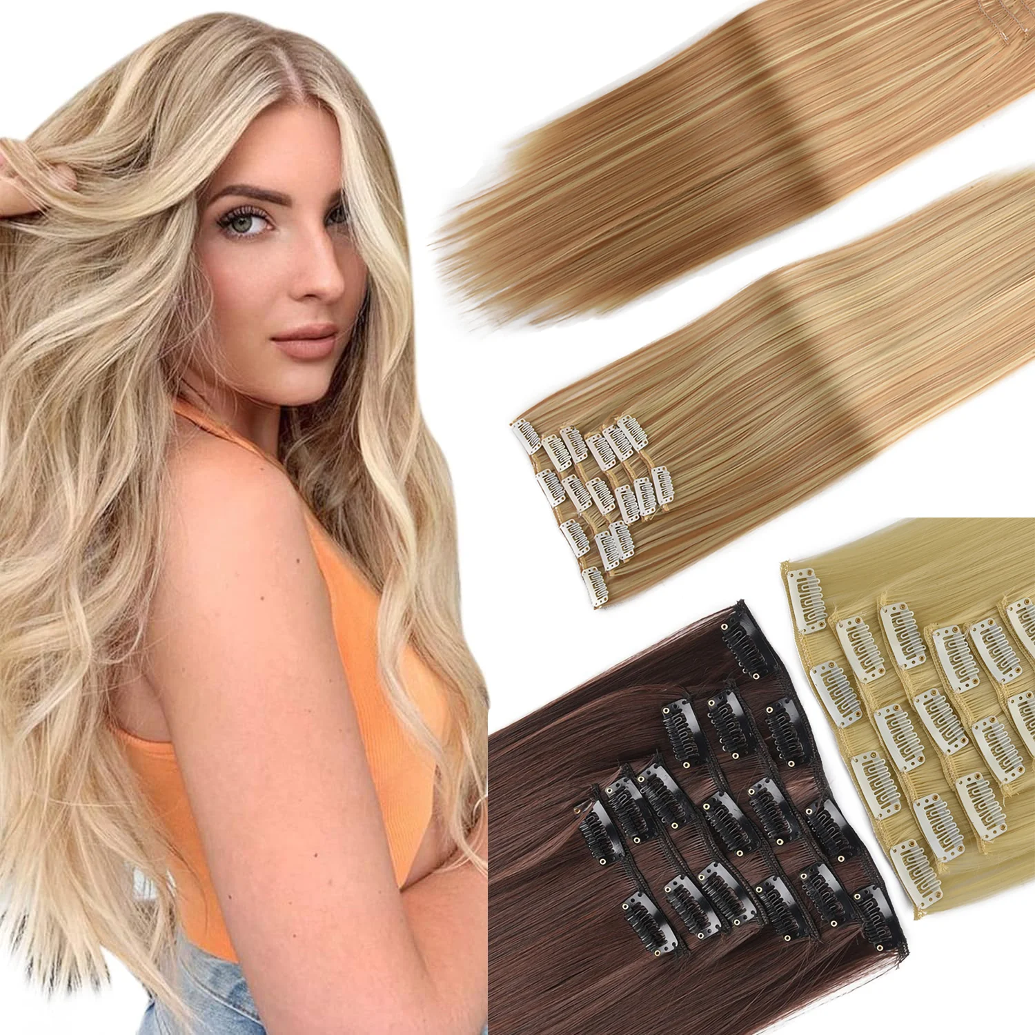 

24 Inch Natural Hair Clips Synthetic Hair for Women Hair Tinsel Kit 16 Clips-on Hair in 6pcs Hair Extensions Wicks for Hair