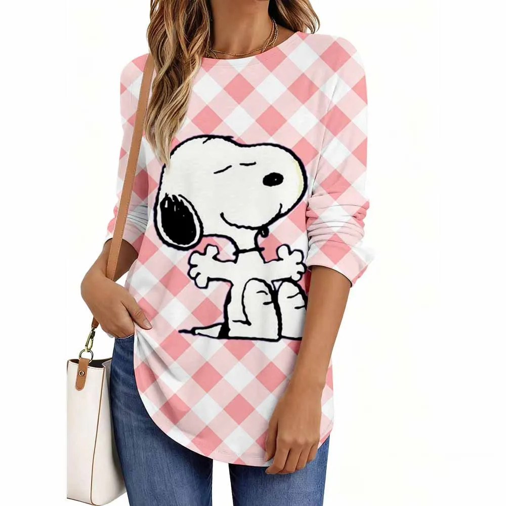 Snoopy print Ladies' Spring and Autumn Clothing Colorful Snoopy Printed T-shirt Long Sleeve Round Neck Casual Top