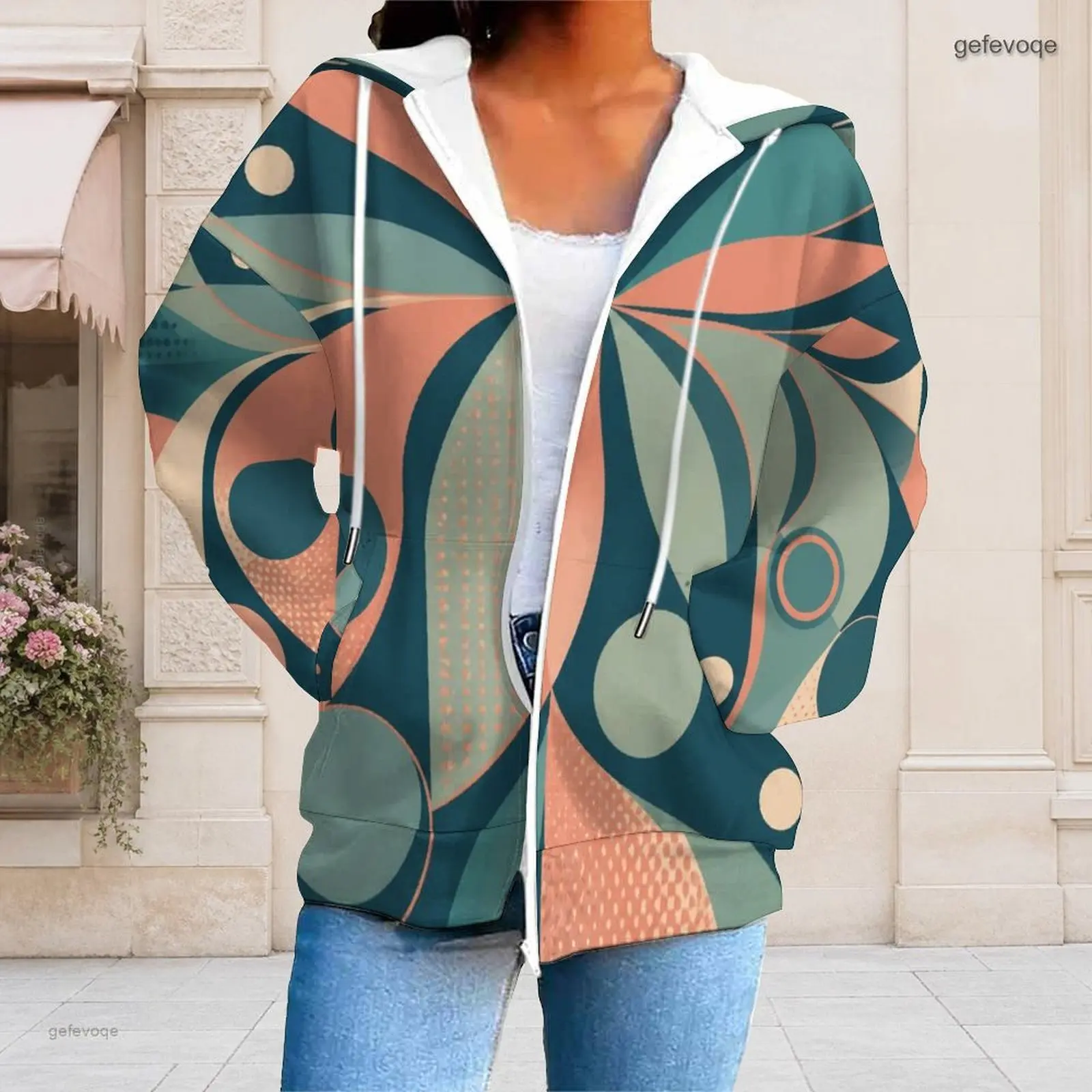 Women Abstract Geometric Swirl Printed Full Zip Long Sleeve Drawstring Hoodie with Pockets