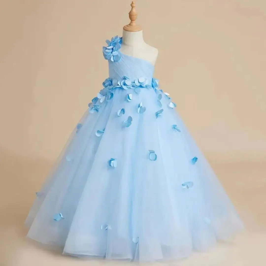 

Customized Flower Girl Dresses Sky Blue Tulle Petals Flowers Single Sleeveless For Wedding Birthday Party Banquet Princess Gowns