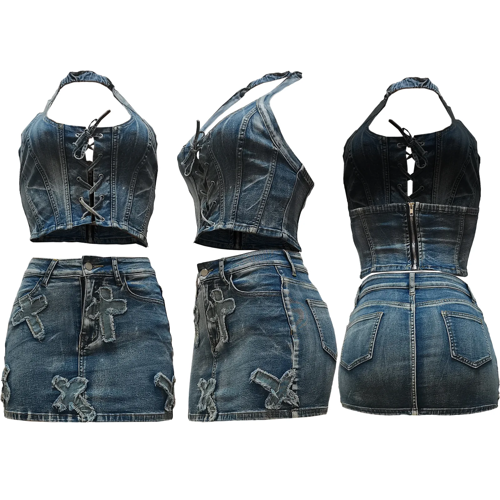 Denim Crop Tops Dress 2 Piece Mini Skirt Sets Women Sexy Cargo Dress Y2K Denim Jean Two Piece Sets Summer Outfits Clothes