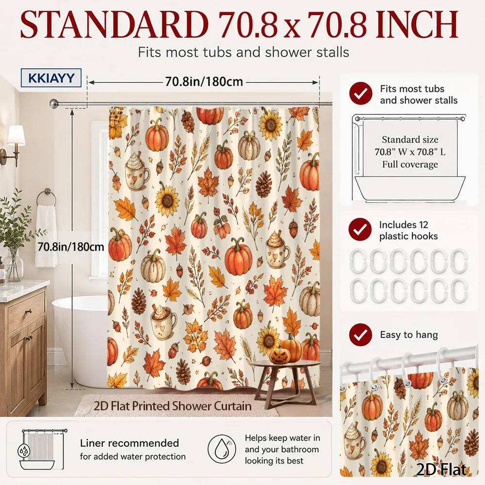 2D flat, 1 piece 2D flat autumn local warehouse shower curtain yellow sunflowers pumpkin leaves coffee cups rustic autumn theme bathroom decor bathroom hanging curtain 70.8X 70.8inch includes 12 hooks, 2D flat