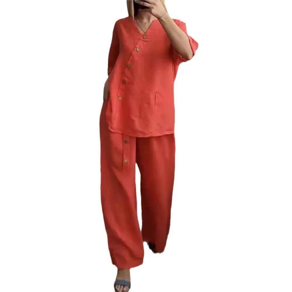 Summer New Solid Color Cotton Linen Women\'S Suit 3/4 Sleeve Top Fashion Retro Pocket Wide Leg Trousers Female Casual 2 Piece Set