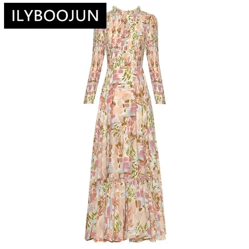 

ILYBOOJUN Fashion Designer Early Autumn Slim Dress Women O-Neck Long Sleeve Folds Floral Print Elegant Party Dresses