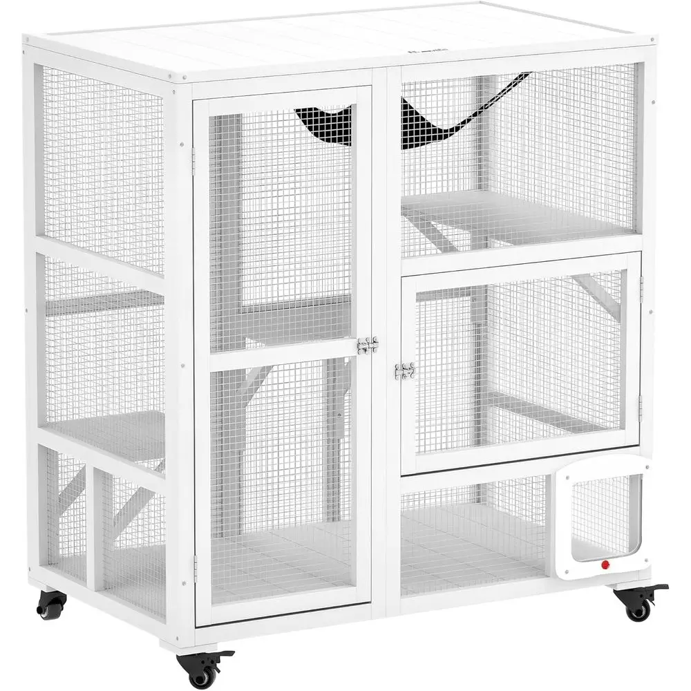 

Портативный деревянный вольер для кошек с 3 уровнями, гамаком, дверцей и открывающимся верхом, роскошный домик для 2 кошек, 39 белый