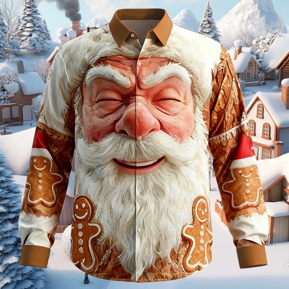 مضحك سانتا الوجه عيد الميلاد قميص ثلاثية الأبعاد الجرافيك زر كم طويل التلبيب القمم 2026 عادية فضفاض عطلة ملابس خارجية قمصان للرجل #4