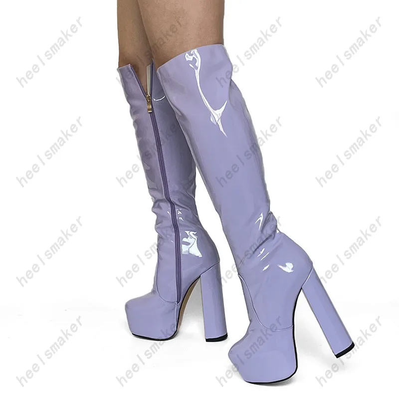 

Sukeia Handwork Women Winter Knee Boots Patent Chunky Heels Round Toe Gorgeous Violet Cosplay Shoes Ladies US Size 5-20