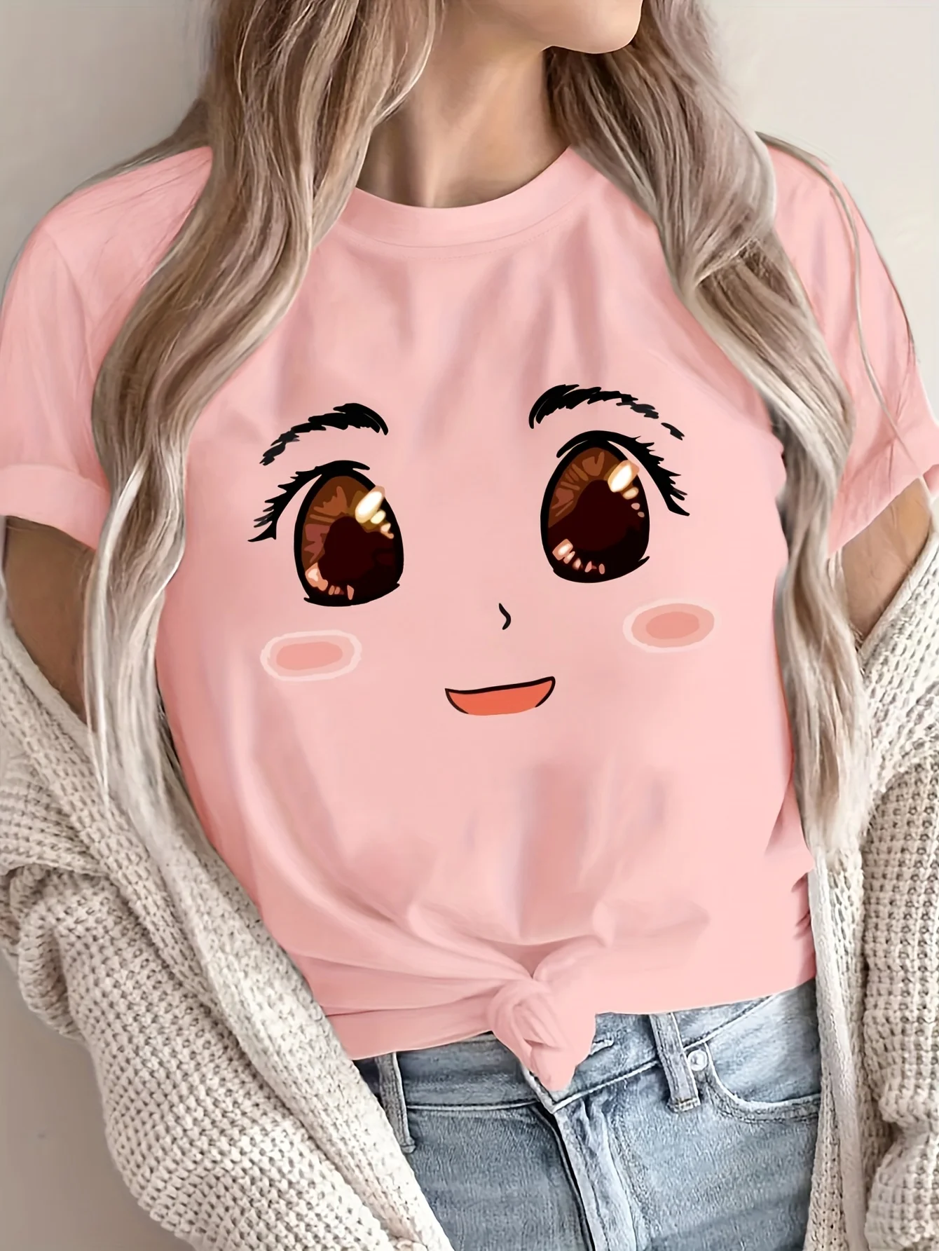 New Cute Eyes, Facial Expressions, Printed Round Neck, Daily Casual Fashion, Retro Style, Summer Casual T-shirt