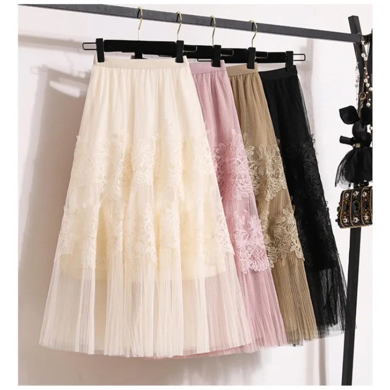 Embroidery Hook-up Lace Mesh Skirt Spring Summer Pleated Pendulum A-shaped Cake Skirt Medium and Long Skirts Elegant Outfits