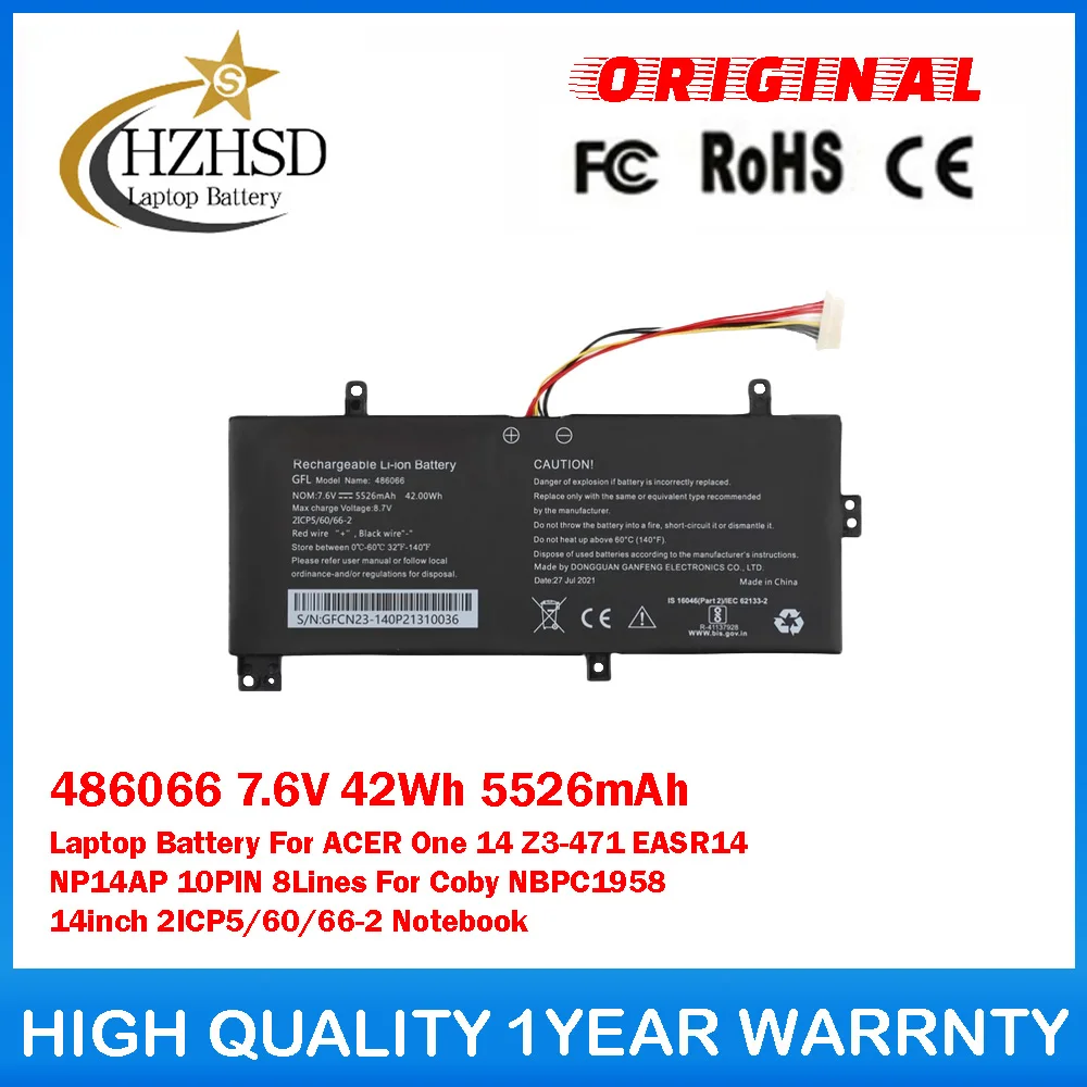 

486066 7.6V 42Wh 5526mAh Laptop Battery For ACER One 14 Z3-471 EASR14 NP14AP 10PIN 8Lines For Coby NBPC1958 14inch 2ICP5/60/66-2