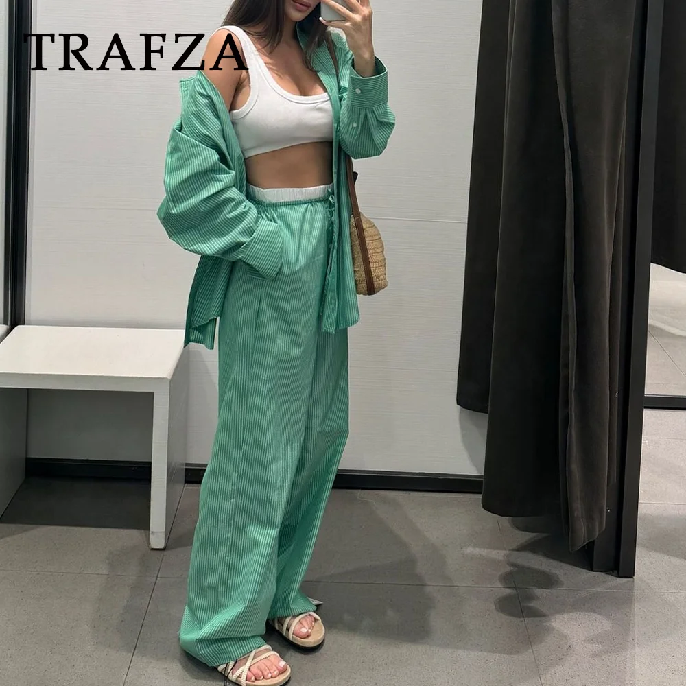 TRAFZA 2024 Spring Summer Casual Striped Women Suits Fashion Vintage Single Breasted Shirts+High Waist Drawstring Ladies Pants