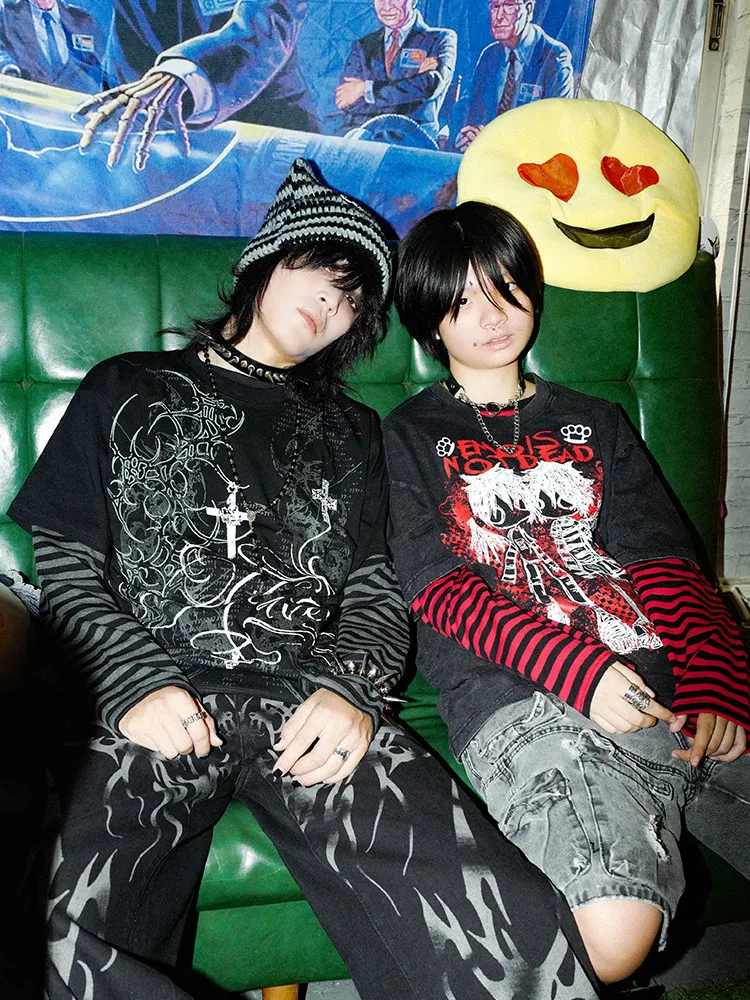 Summer New Subculture Punk Goth Style Men's Long Sleeve Striped T-shirt Dark Print Loose Casual Round Neck Short Sleeve T-shirt