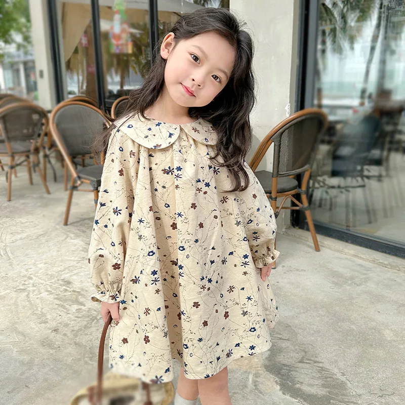 2-10T Spring Autumn Girls Fragmented Flower Dress Children Long Sleeved Doll Neck Dress Baby Kids Pure Cotton Princess Dresses