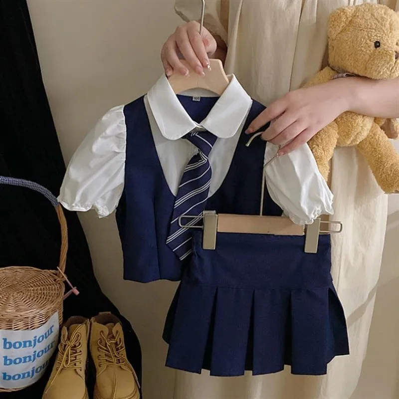 

Girls' Summer Set Korean Academy Wind Japanese Baby JK Uniform Children's Doll Collar Shirt+ Short Skirt Set