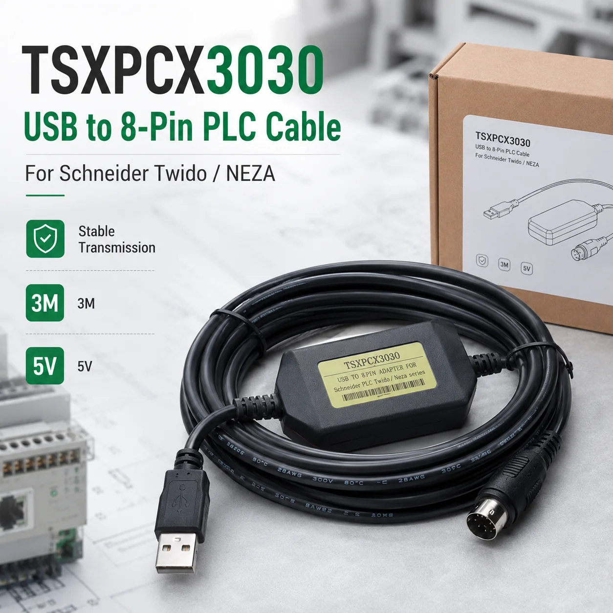 TSXPCX3030 USB PLC Programming Cable for Schneider Twido NEZA Series 8-Pin 3M 5V Download Communication Adapter