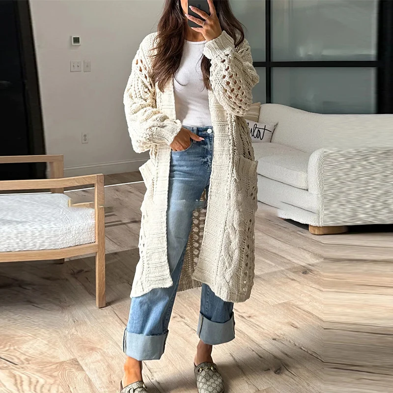 2024 Casual Solid Color Pocket Coat Ladies Elegant V Neck Hollow Knitted Cardigan Autumn Winter Thick Warm Loose Sweater Outwear