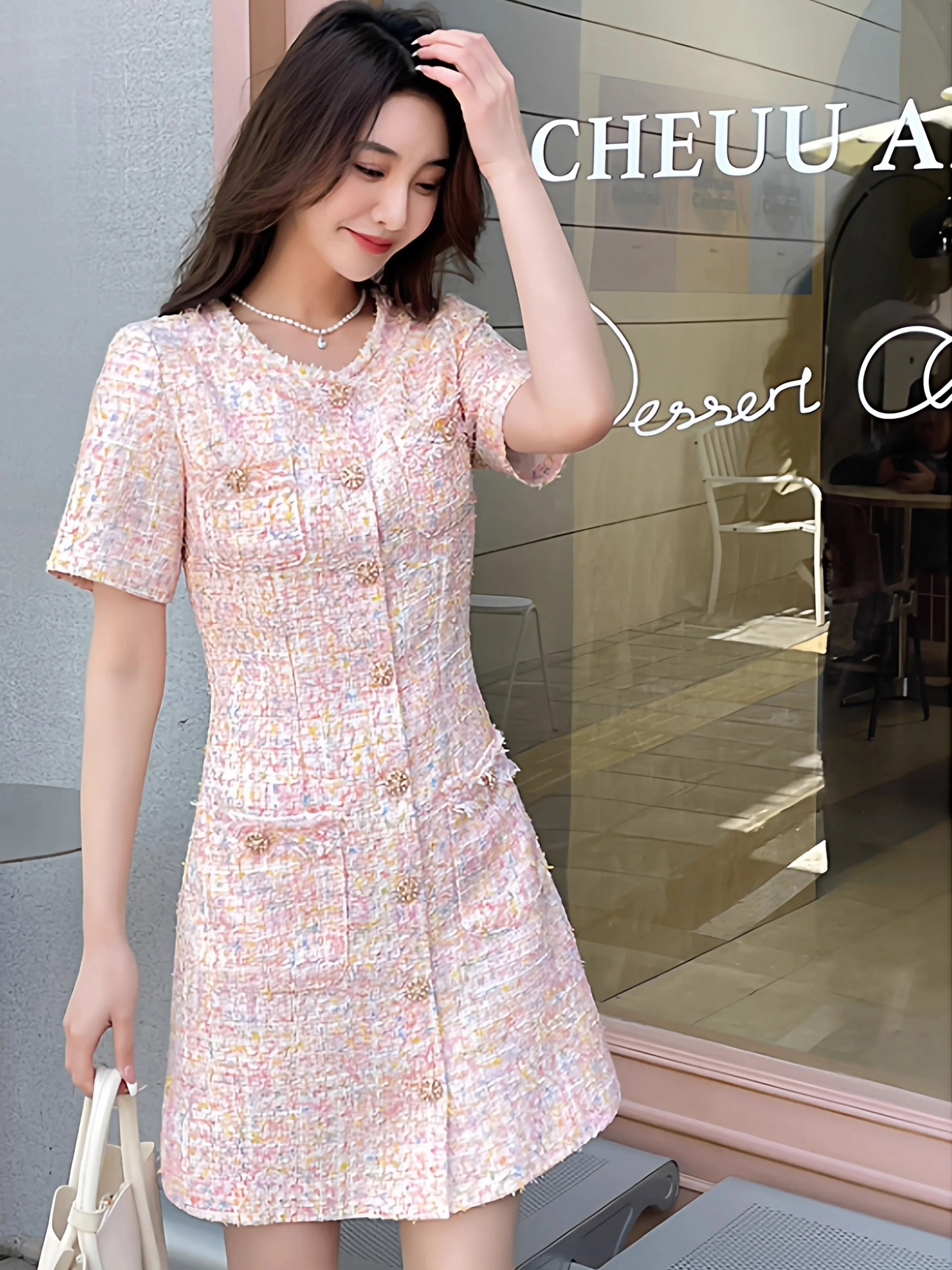

Pink A-Line Dress ShangFeng Style Heavy Work Elegant Lady's Dress Short Sleeve High Waist Button Closure Soft Fabric Non-Elastic