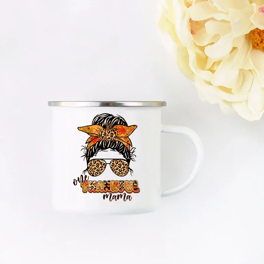 Coffee Cups Thankful Grateful Blessed Mama Print Enamel Mugs Thanksgiving Party Wine Juice Mug Hot Cocoa Handle Cup Mother Gifts