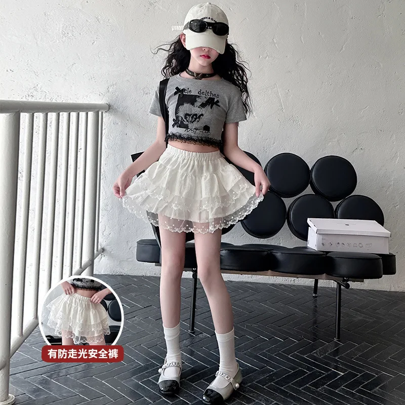 2025 الصيف الأطفال الفتيات الملابس طباعة المراهق 1 قطعة تي شيرت كامل أو الدانتيل قصيرة مطوي الطبقات تنورة 4 8 10 11 12 سنة