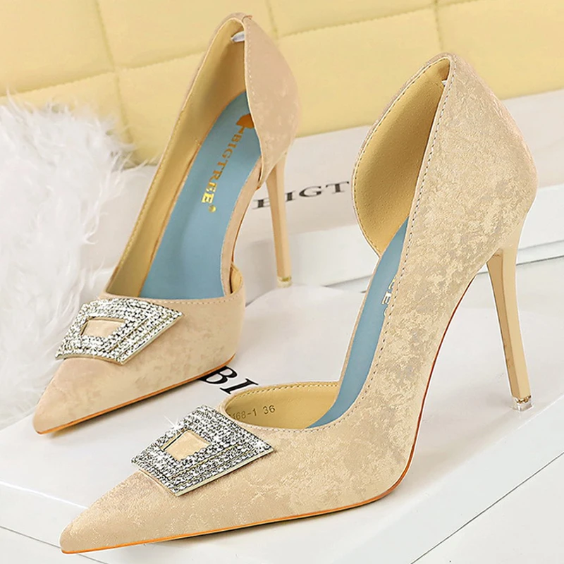 BIGTREE Shoes Luxury Women Pumps Rhinestone high heels 10.5 CM Stiletto silks satins Female Heels Sexy party shoes women pumps
