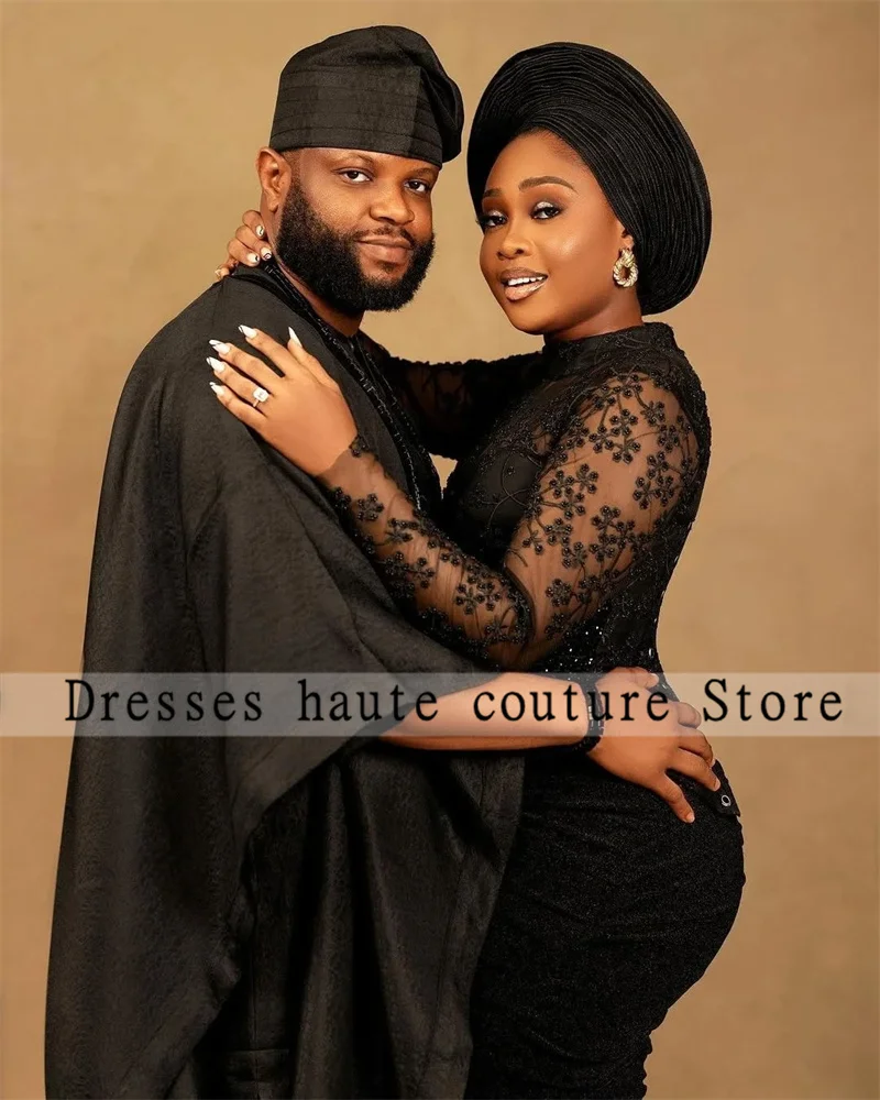 Aso Ebi-Robe de Soirée en Dentelle Noire pour Femme Africaine, Tenue Sirène à Manches sulf, Perlée, de Soirée, de Mariage, de Bal, Personnalisée, 2025