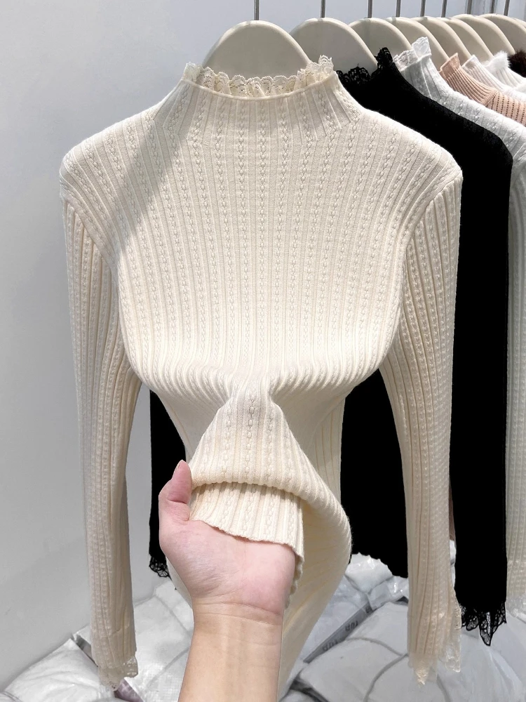 Chic Lace Mock Neck Knit Base Top 2026 Autumn Winter Sweater Atmospheric Texture Elegant Women Pullover Unique Ribbed Sweater