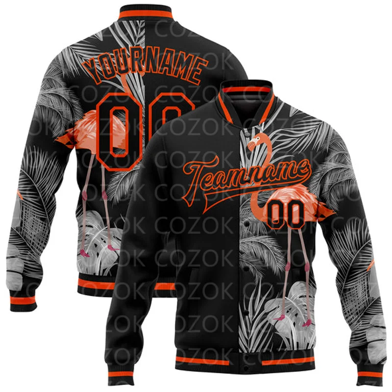 Custom Flamingo Animal attern 3D Printed Baseball Button Jacket Bomber Full-Snap Varsity Letterman Jacket