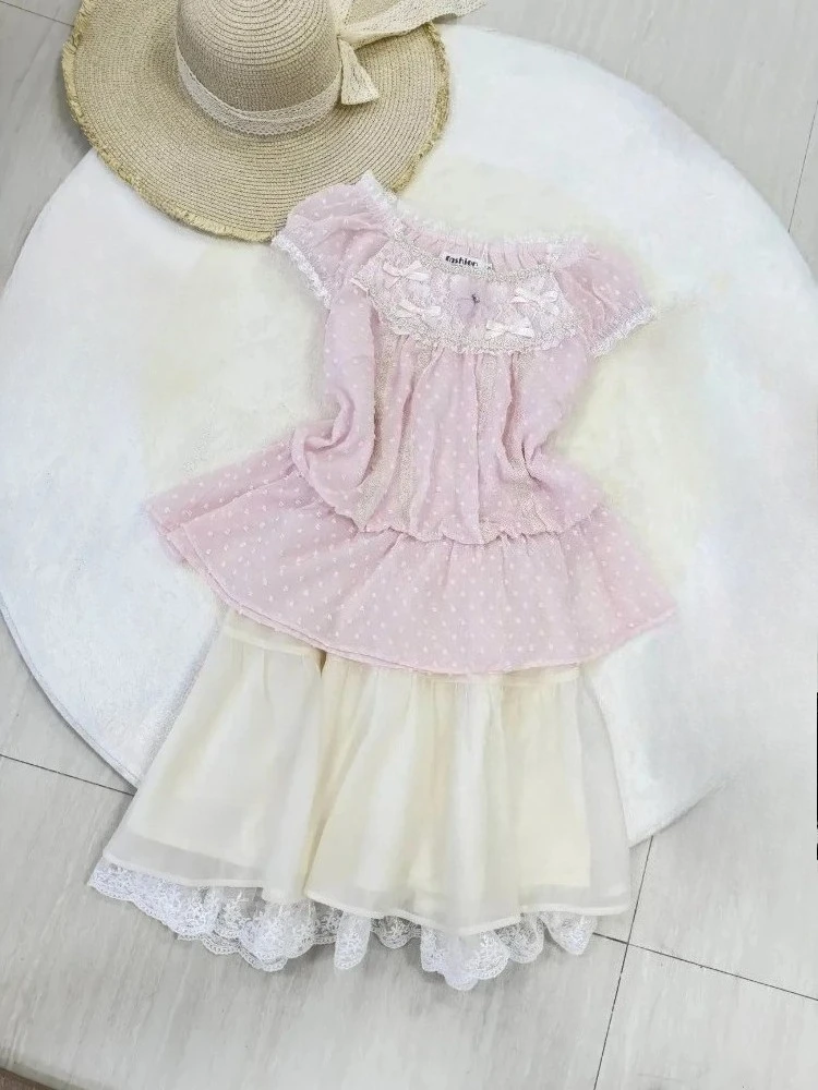 

Sweet Kawaii Комплекты из 2 предметов юбки Лолита Топы с короткими рукавами и бантом в горошек + 2000-е годы Тонкие кружевные мини-юбки Y2k Винтажные костюмы в японском стиле