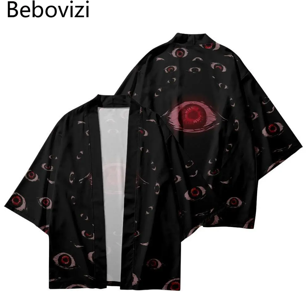 

Eye Print Three Quarter Sleeve Traditional Kimono 2023 Japanese Style Women Men Streetwear Beach Cardigan Haori