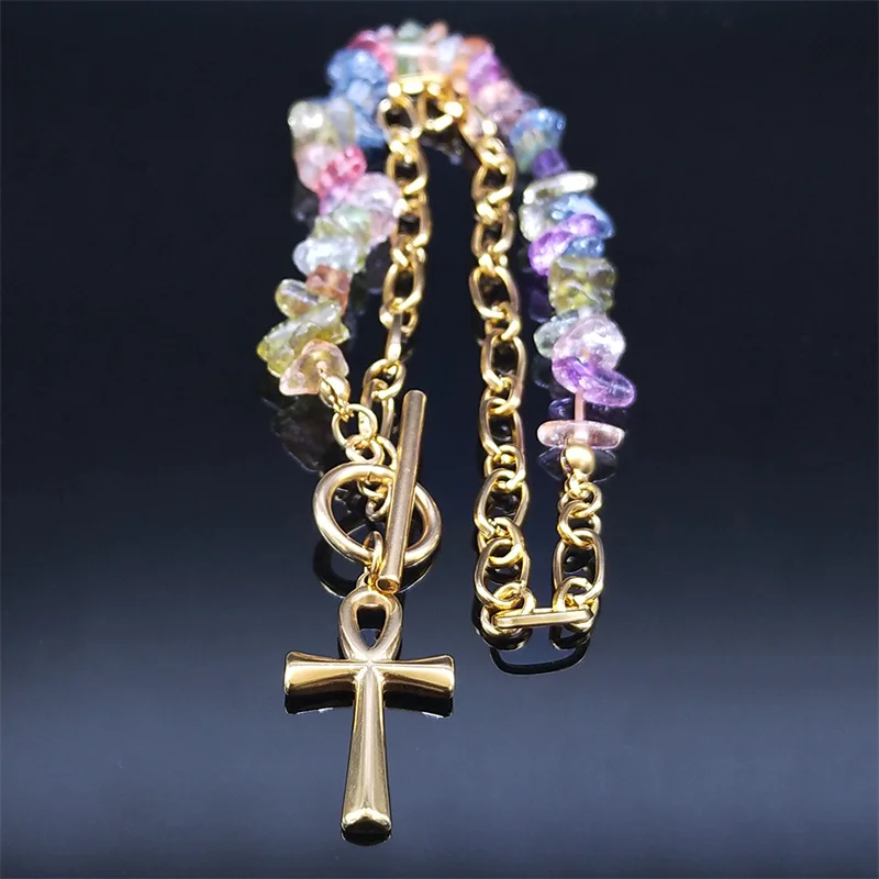 Ankh Symbol Stainless Steel Clavicle Chain Necklace Women Gold Color Irregular Colorful Natural Stone Choker Necklaces NAA01S04