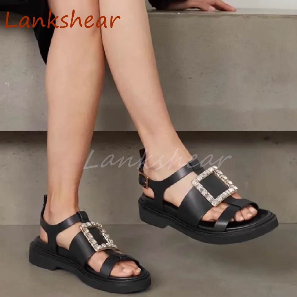 

Square Diamond Round Toe Women Sandals Solid Fashion Flat Sole Summer Buckle Strap Niche Design Blingbling Women Shoes Newest