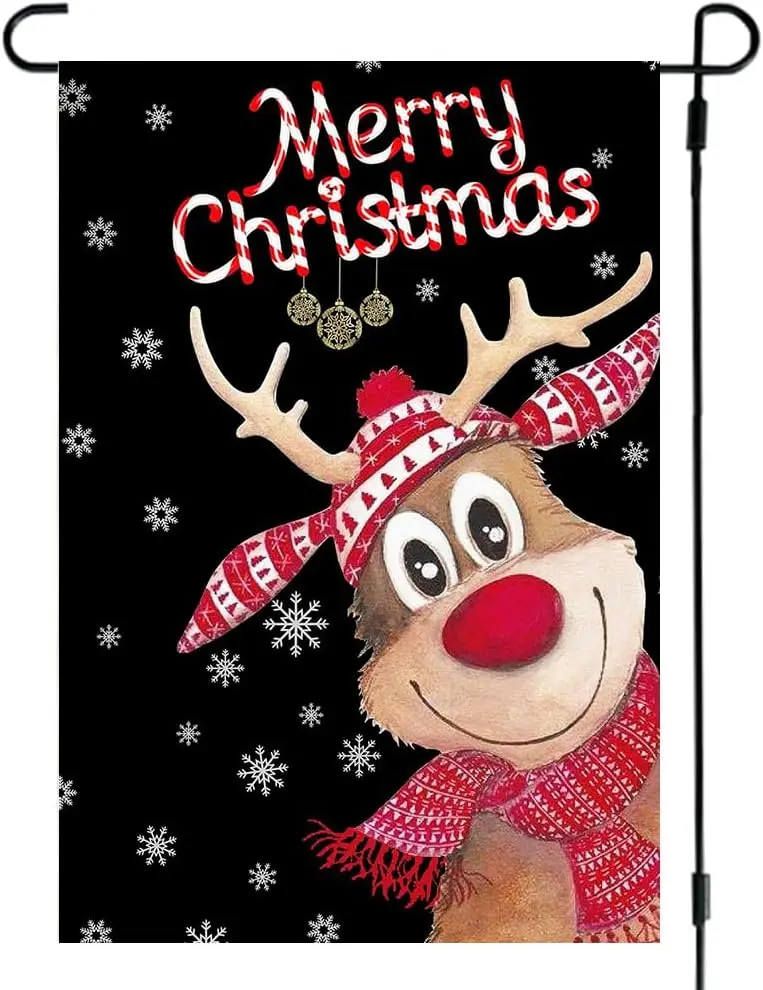 RABUSOFA Merry Christmas Reindeer Garden Flag 12x18 Inch Double Sided for Outside, Winter Snowflake Cute Deer Xmas Holiday Yard 