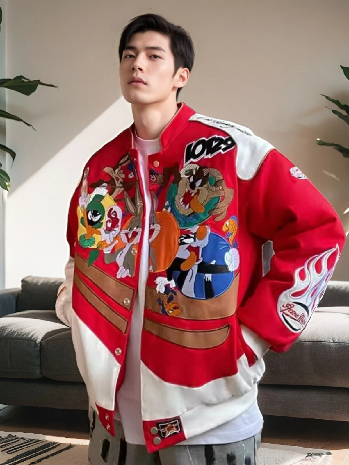 

Loose Fit Embroidered Motorcycle Jaet Men's Sle Baseball Collar Cotton Long Sve Outerwear for Youth Autumn Winter