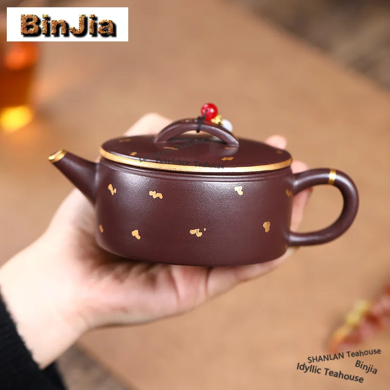 

210 мл Роскошные фиолетовые глиняные чайники Исин ручной работы с золотым рисунком, горшок большого диаметра с необработанной рудой, грязевой чайник, чайный сервиз Zisha, подарки