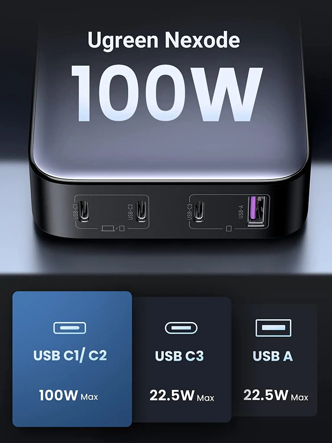 UGREEN 100W USB C Charger exode 4 Ports USB C Charging Station GaN Desktop Charger Compatible with MacBook Pro Phone 14