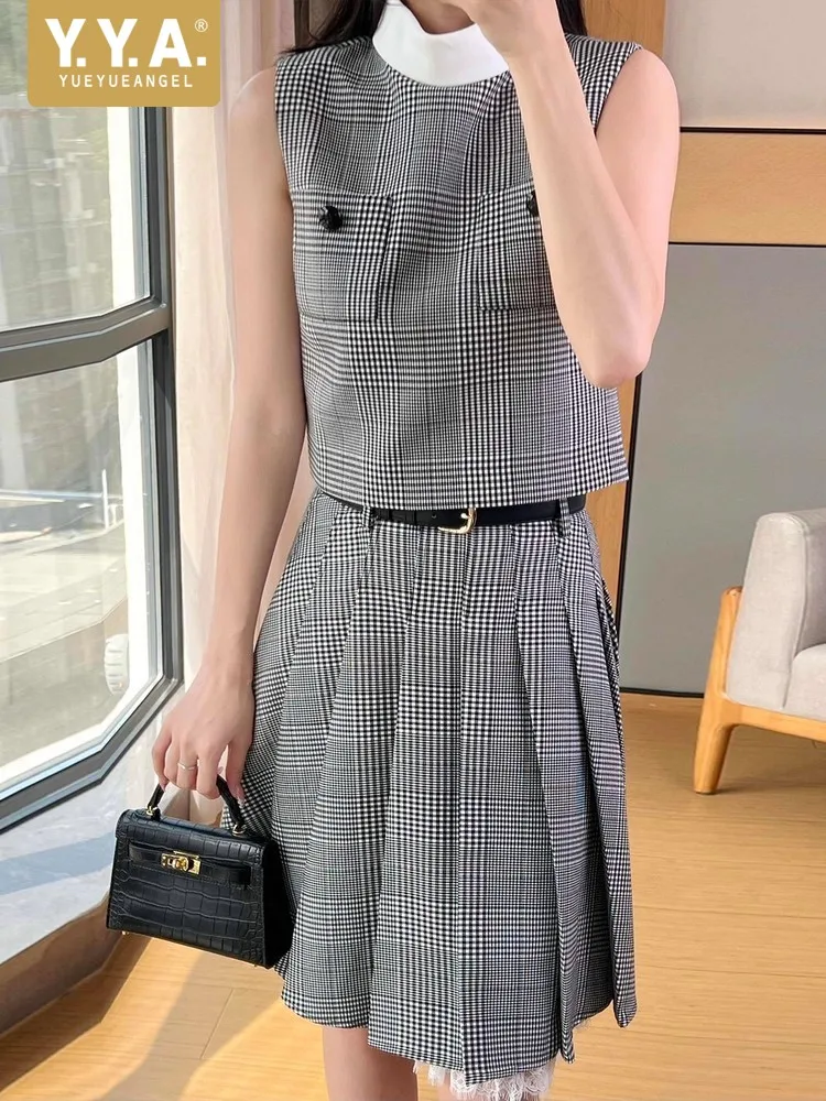 

Elegant Fashion Office Ladies Sleeveless Stand Collar Plaid Tank Top High Waist Spliced Lace Pleated Skirt Women Two Piece Set