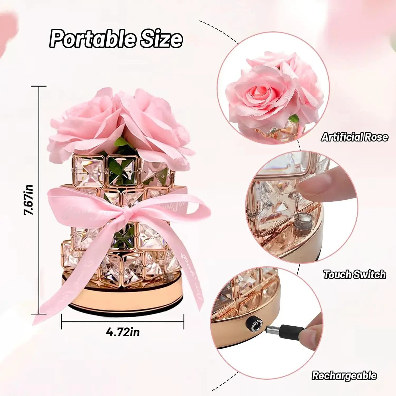 LED Rose Crystal Table Lamp 3 Color Rechargeable Artificial Rose Flower Table Lamp Touch Lamp for Women Mom Wife Girlfriend Gift