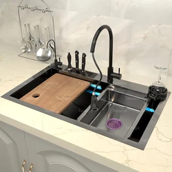 Évier de Cuisine en Acier Inoxydable, Grand, Fente Unique avec Porte-Couteau, Lavabo Multifonction pour la Cuisine