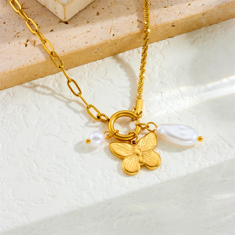 LAMENGLY 316L Stainless Steel Glamorous 5-Leaf Flower Heart Bow Starfish Pearl Shell Pendant Necklace Women Elegant Neck Chain - Image 5