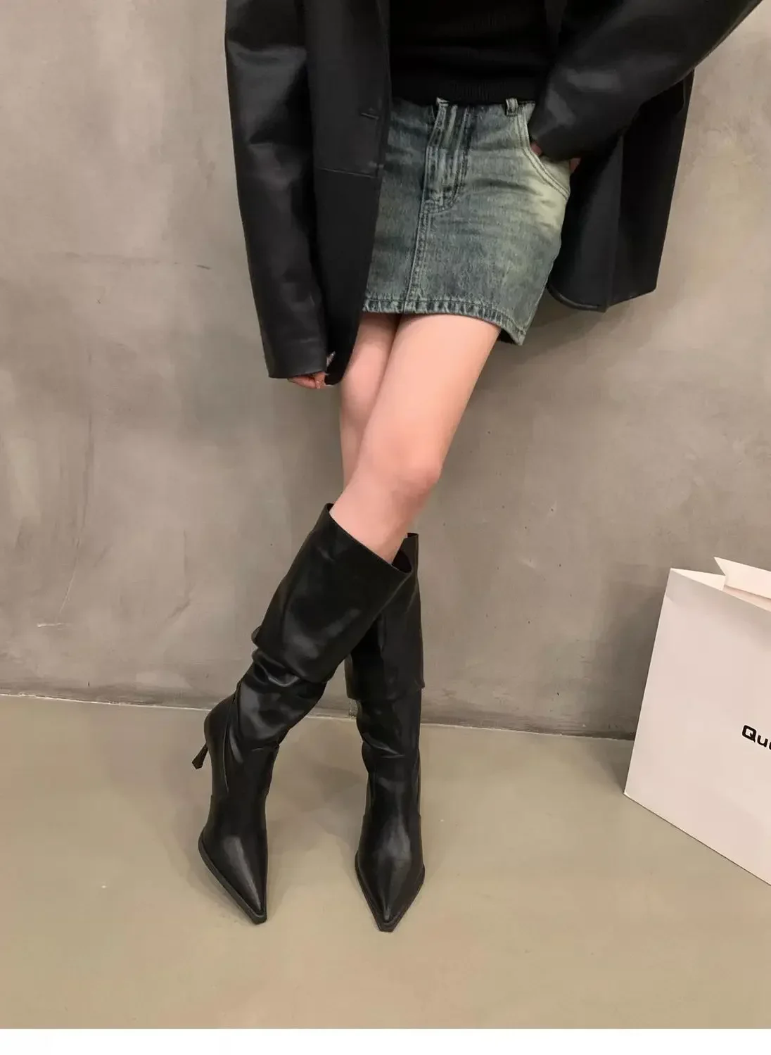 Plissierte Spitze Damen Langstiefel Street-Style High Heels Party-Stripper Damen Leder High Booties – Detail 9