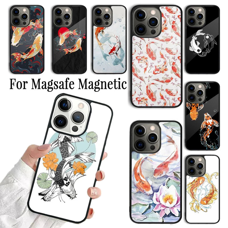 

Чехол для Телефона iPhone 16 15 14 13 12 Mini 11 Pro Max Plus Magsafe, магнитный чехол с беспроводной зарядкой, чехол Koi Fish