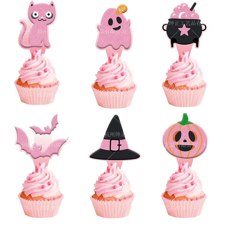 Cake Toppers for Halloween Party Decoration, Pink Cat, Ghost Pumpkin Cake Inserts, 12PCs