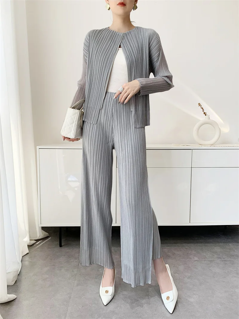 

YUDX Periwinkle Blue Miyake Pleated Open Front Cardigan+Wide Leg Pants Separately Sold Lightweight Women's Casual Vacation Boho