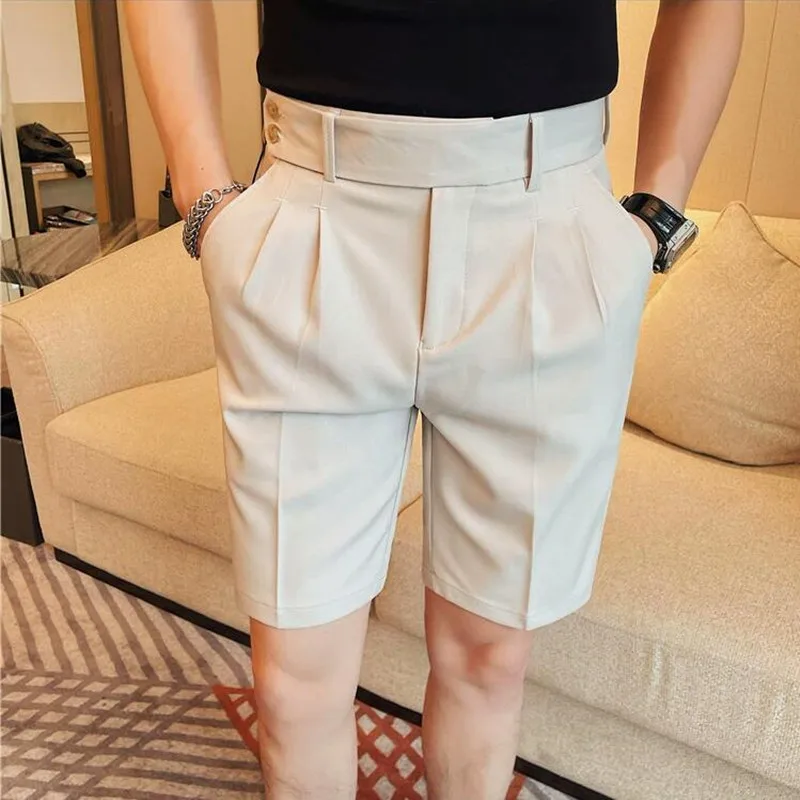 5 Colors Summer Men\'s Shorts High Quality Fashion Belt Design Slim Fit Short Pant Formal Social Wedding Party Knee Length Shorts