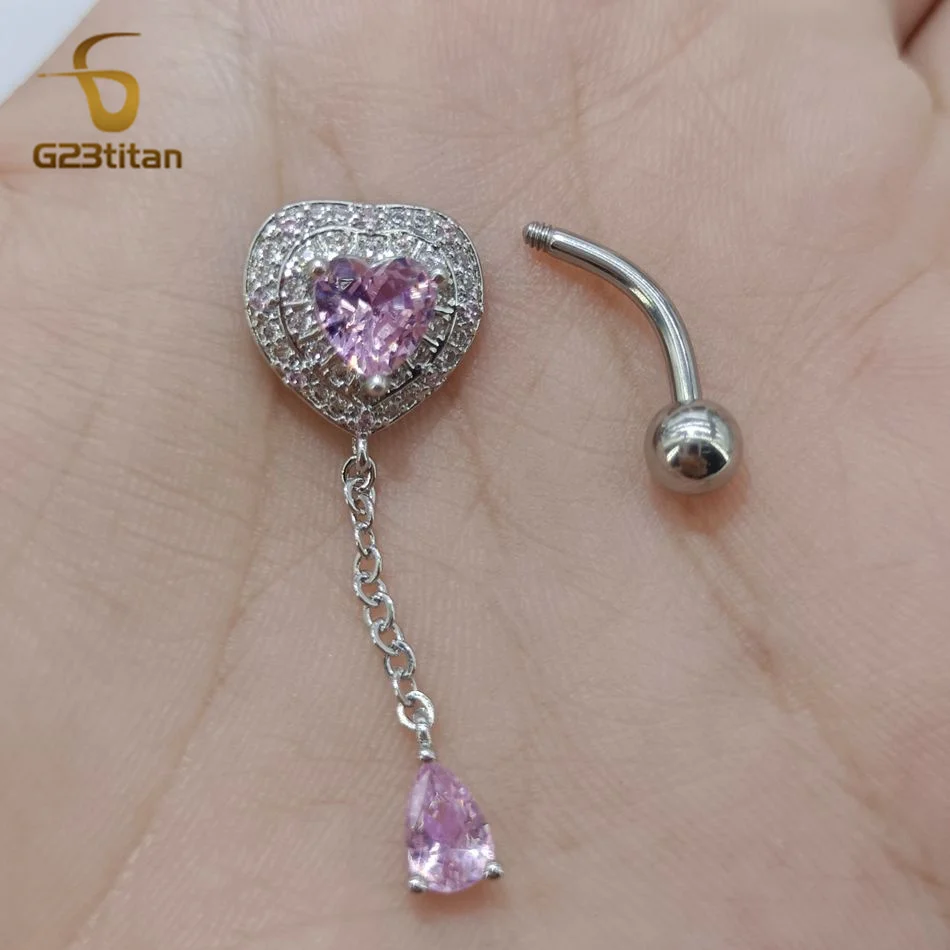G23Titan Pink Zircon Crystal Heart Navel Piercing Women Jewelry Hanging Long Chain Dangle Belly Button Ring 14G Titanium Barbell