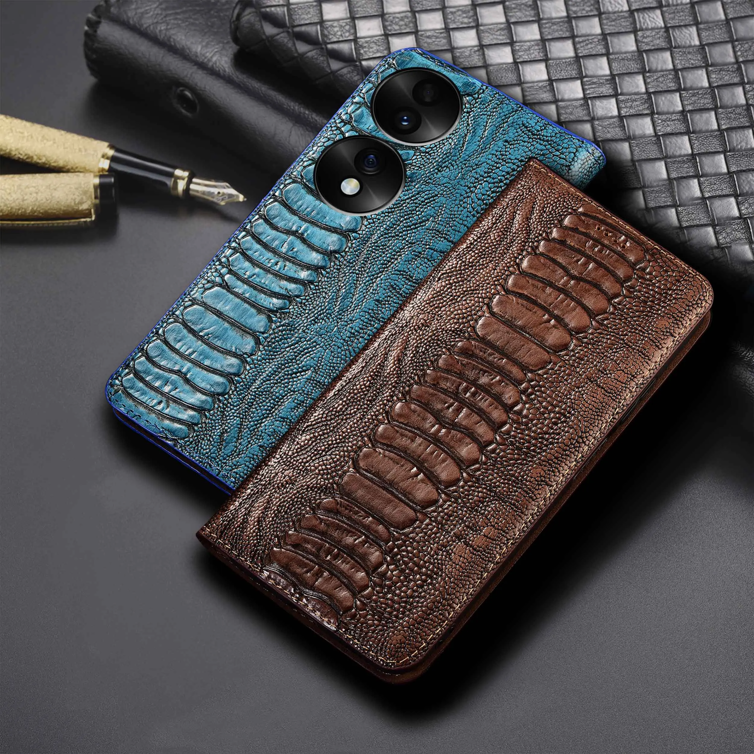 

For Honor 9 10 20 30 50 60 70 Pro Plus Lite SE Ostrich Feet Pattern Genuine Leather Flip Phone Cover Case Cowhide Scratch-Proof